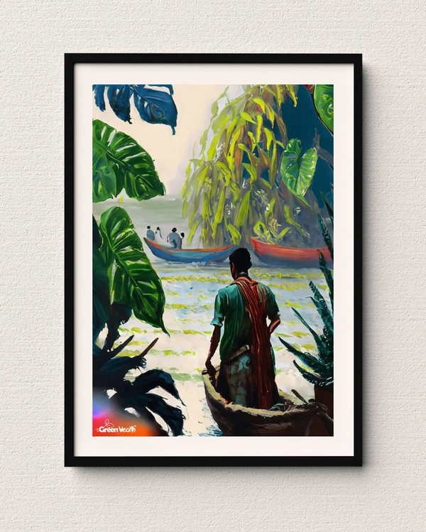 TGW Indian+boat-man in the river looking at plants with monstera - A3