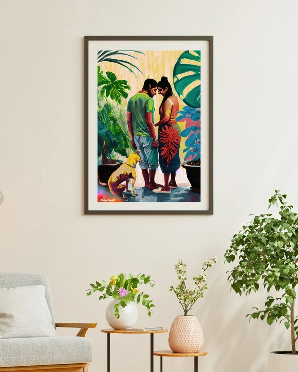 TGW Indian+couple with pet looking at plants with monstera - A2