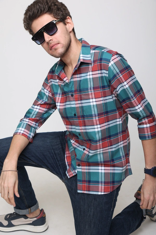 TUSCOT Men's Multicoloured Casual Cotton Shirt with Long Sleeves and Checked Pattern TT-CS1003 - LARGE