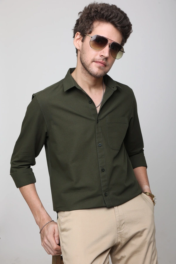 TUSCOT Men's Plain Casual Cotton Shirt with Spread Collar and Long Sleeves TT-CS1011 - LARGE, Olive Green