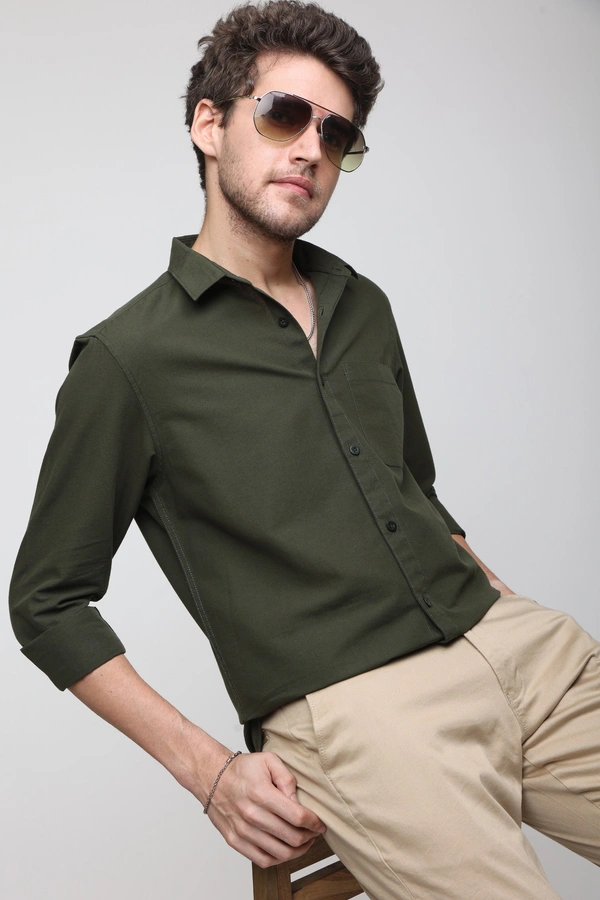 TUSCOT Men's Plain Casual Cotton Shirt with Spread Collar and Long Sleeves TT-CS1011 - LARGE, Olive Green