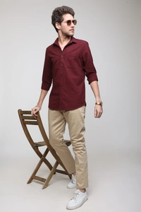 TUSCOT Men's Plain Casual Cotton Shirt with Spread Collar and Long Sleeves TT-CS1012 - LARGE, Maroon