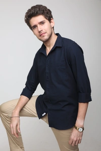 TUSCOT Men's Plain Casual Cotton Shirt with Spread Collar and Long Sleeves TT-CS1015 - MEDIUM, Navy Blue
