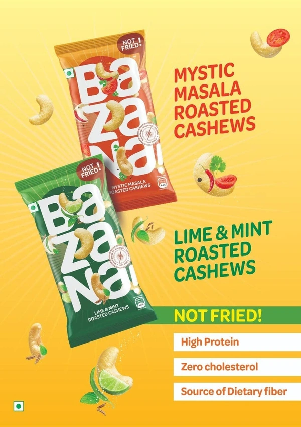 Bazana Roasted Cashews - 12 x Lime & 12 x Mint and Mystic Masala Combo Pack - A Fusion of Flavors to Savor!
