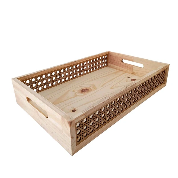 Indian Straw Wooden Tray / Rattan Pattern Pinewood Tray