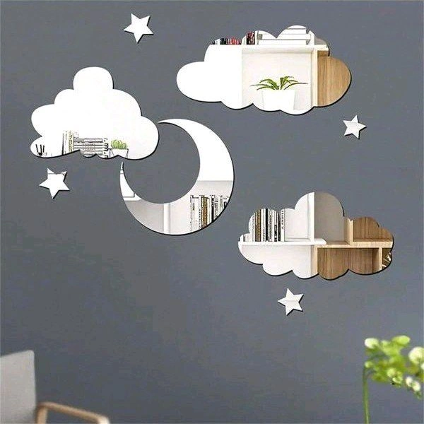 Laser Cut Wall Stickers With Moon Stars And Clouds Mirror Acrylic