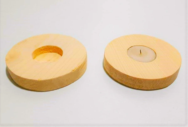 Pine wood tea light holder - Round - Pair