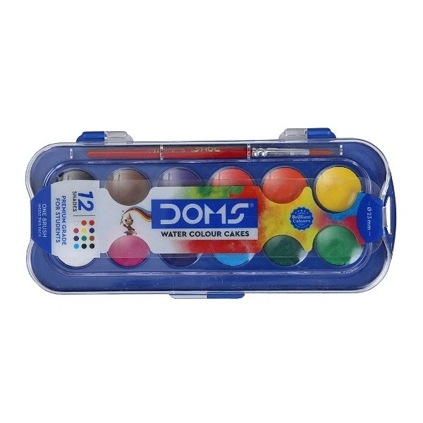 DOMS Non-Toxic 23mm Water Colour Cake Set With Paint Brush (12 Assorted Shades X 1 Set) - 1PC