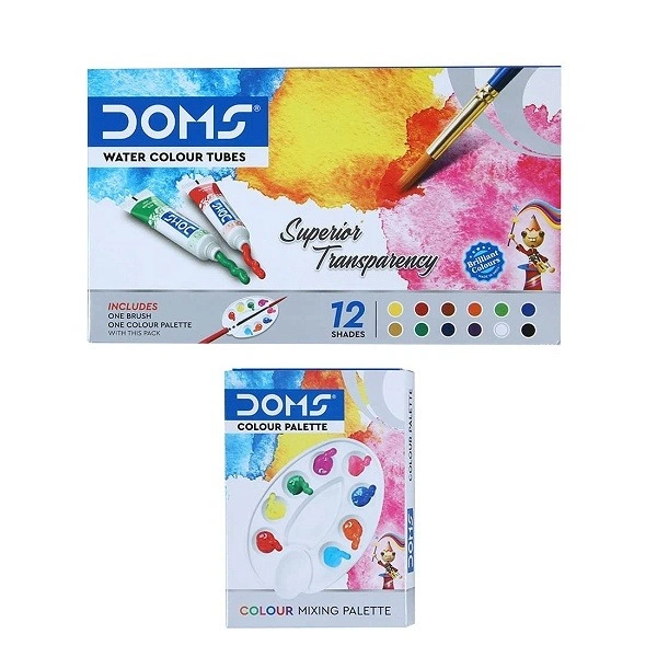 DOMS Non-Toxic Water Colour Tube Set In Cardboard Box (12 Assorted Shades, 1 Paint Brush & 1 Palette)