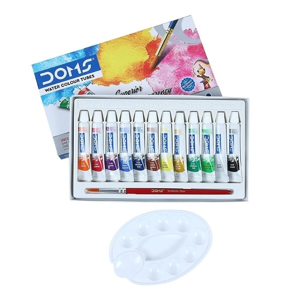 DOMS Non-Toxic Water Colour Tube Set In Cardboard Box (12 Assorted Shades, 1 Paint Brush & 1 Palette)