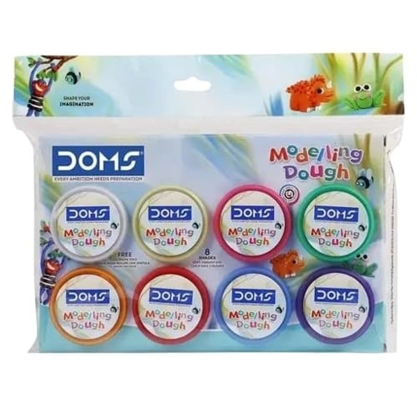  DOMS Soft Modelling Dough Clay 8 Vibrant Shades with 8 Creative Tools| Non Toxic Safe for Children| 6 Shape Toys, One Hand Roller & One Spatula|