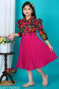 New stylish floral Baby Girls Dress/Frocks , with same design Bag and Belt Perfect Kids Frock - 7-8 Years