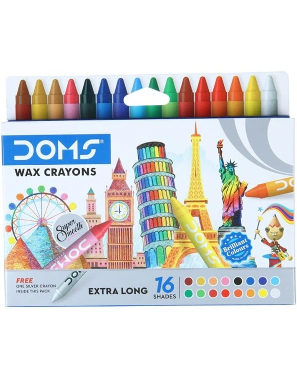 Doms Non-Toxic Extra Long Wax Crayon Set in Cardboard Box (16 Assorted Shades )