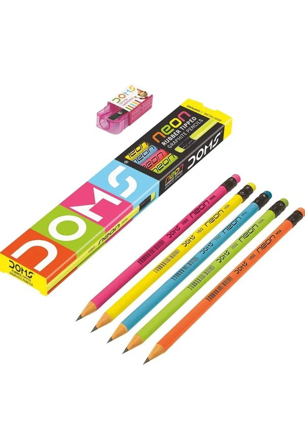 DOMS Neon Rubber Tipped HB/2 Graphite Pencils Box Pack | Non-Toxic | Free Sharpner Inside The Box | Easy & Smooth Sharpening | Pack Of 10 Pencils