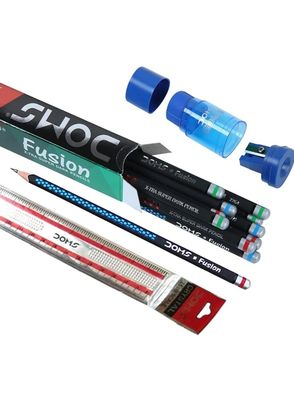 Doms Fusion Xtra Super Dark Pencil Box Pack | Dark & Neat Writing Which Stays Longer | Smooth Sharpning & With Soft & Comfortable Grip | Free Scale & Erasner Inside