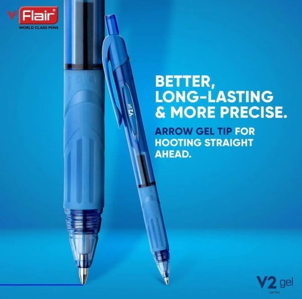 FLAIR V2 Retractable 0.7mm Gel Pen Box Pack | Water Proof, Smudge Free & Refillable Ink For Smooth Writing Experience | Comfortable Grip For Easy Handling | Blue Ink, Pack of 1 Pen