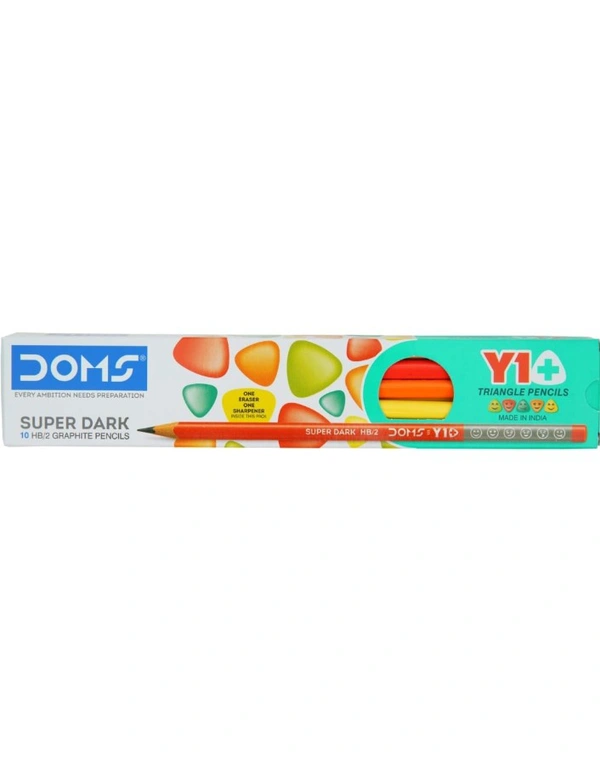 DOMS Y1 + Super Dark HB/2 Graphite Pencil Box Pack | Triangular Shape For Easy Hold & Comfortable Writing | Free One Eraser & Sharpner With Each Pack | Set Of 10 Pencils 