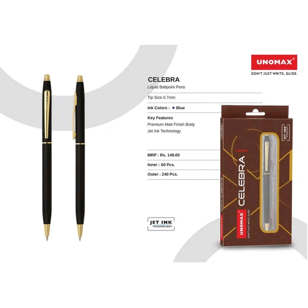 UNOMAX Celebra Ball Pen with Jet Ink Technology, Set of 1 | Matt Black Body with Glossy Gold Plated Clip | 0.7mm Tip, Use for fine writing, Perfect for gifting