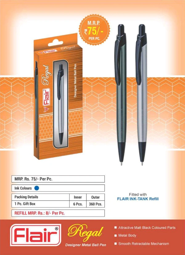 FLAIR Regal Metal Ball Pen Box Pack | Retractable Mechanism with Comfortable Grip for Easy Handling | Shiny & Attractive Metal Body | Ideal for Gifting | Blue Ink, Pack of 1 Pen