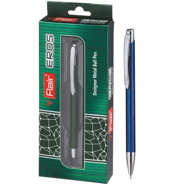 FLAIR Eros Ball Pen Box Pack | Retractable Mechanism with Stylish Long Clip | Attractive Metal Body, Trims at Grip for Better Hold | Blue Ink