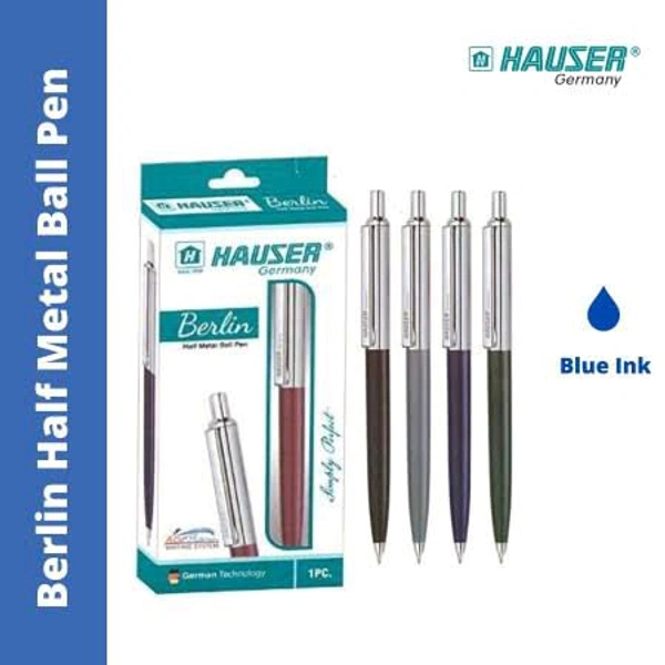Hauser Berlin Half Metal Ball Pen Box Pack | Retractable Mechanism With Smudge Free Writing | Attractive Designer Pen | Smooth, Sturdy, Refillable Pen | Ideal For Gifting | Blue Ink