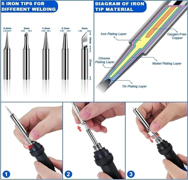 60W 220V Temperature Adjustable Soldering Iron, Fast Heating, With Extra 5 Iron Bits