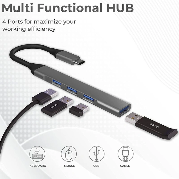 4 in 1 Portable USB C Hub (Type-C to 4 USB-A Ports)with Aluminum Shell, USB Port Hub 3.0(Pack of 2 ) - Gray