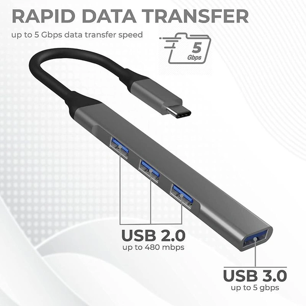 4 in 1 Portable USB C Hub (Type-C to 4 USB-A Ports)with Aluminum Shell, USB Port Hub 3.0(Pack of 2 ) - Gray