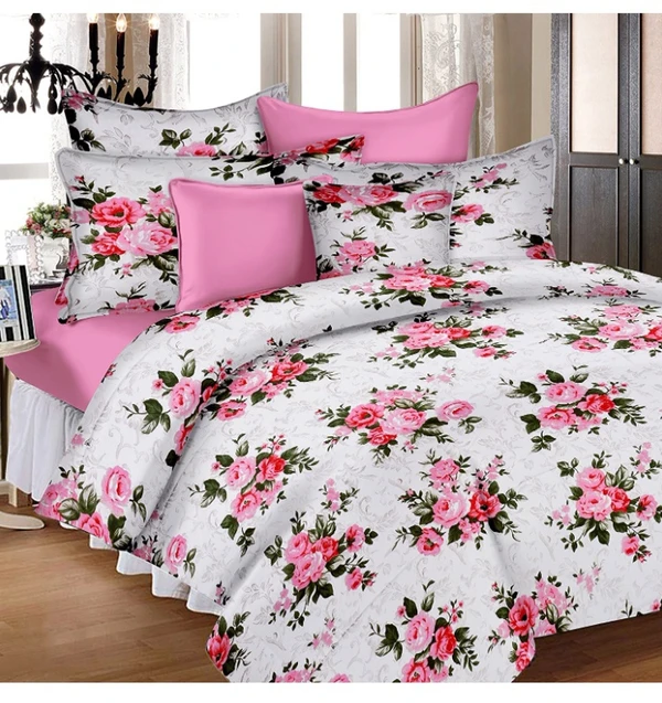 Huesland by Ahmedabad Cotton, Cotton King Size Bedsheet with 2 Pillow Covers - White, Pink, Green(9ft x 9ft) - full King Size 110*108 inches, Lavender Rose