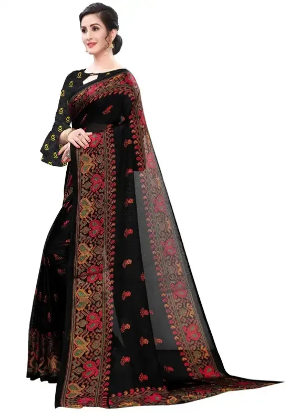 Bhakarwadi Black Printed Khadi Saree with Unstitched Blouse