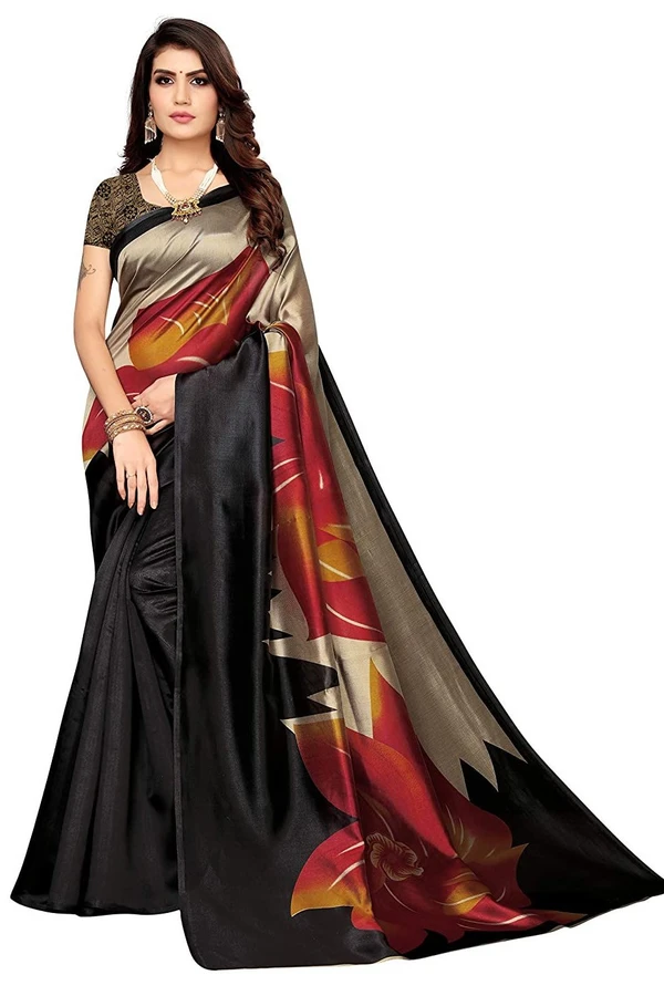 SVB Saree Women Black Printed Art Silk Saree with Unstitched Blouse