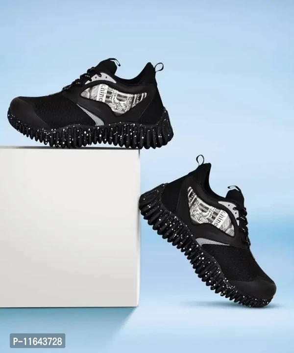 Stylish Black Mesh Self Design Running Shoes For Men - 7