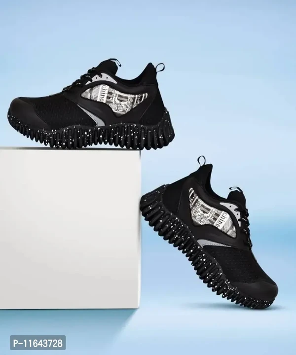 Stylish Black Mesh Self Design Running Shoes For Men - 8