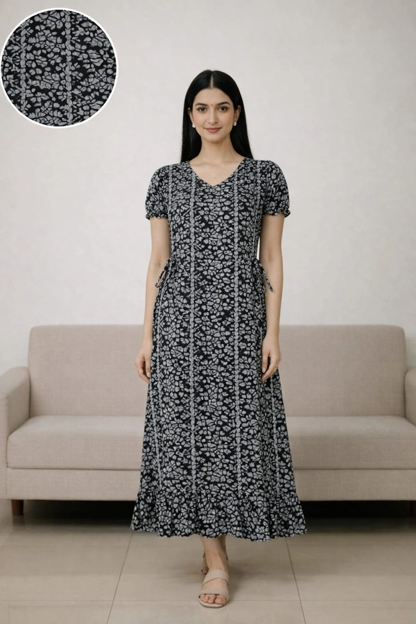 Maxi| Frock Nighty| Night Gown| Nighty| Designer Neck Pattern| Back side  adjustable Knot| Blue | FN70001