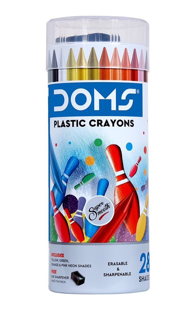Doms Plastic Crayons 28 Shades Round Tin Box - 1 Pack