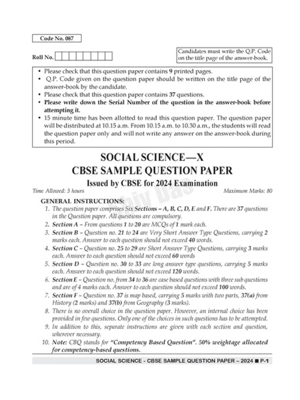 Shiv Das CBSE 2024 Exam Past 7 Year Board Papers + Sample Papers Social Science Class 10