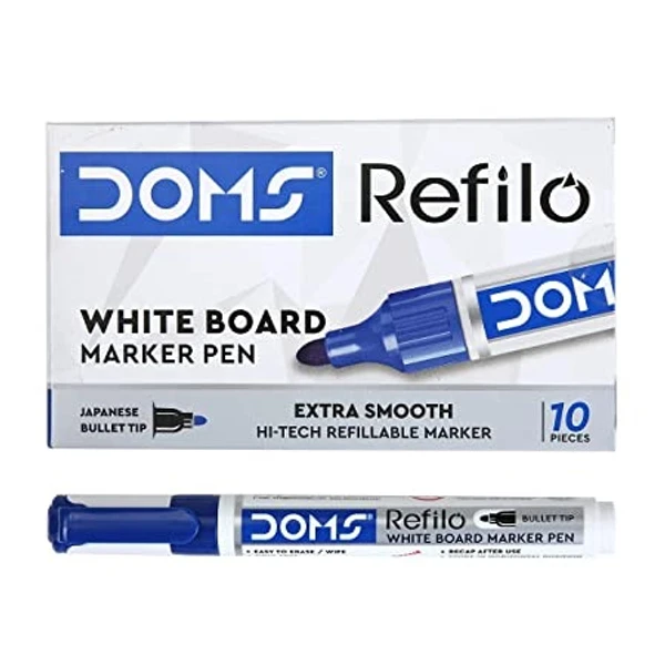 Doms Refilo White Board Marker Pen Blue Colour - 10 Pcs Packs, Blue
