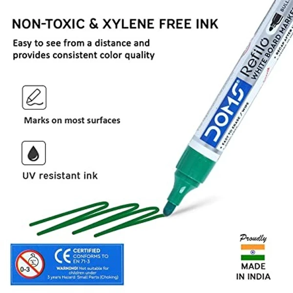 Doms Refilo White Board Marker Pen Green Colour - 10 Pcs Packs, Green