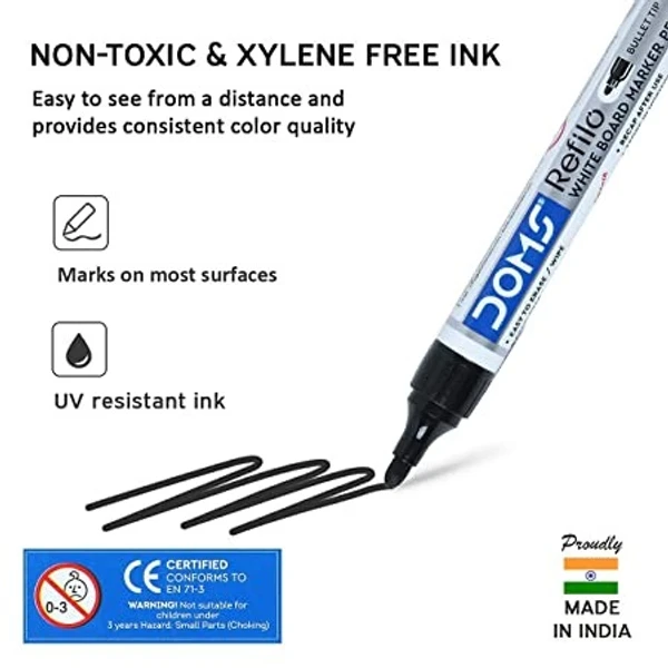 Doms Refilo White Board Marker Pen Black Colour - 10 Pcs Packs, Black