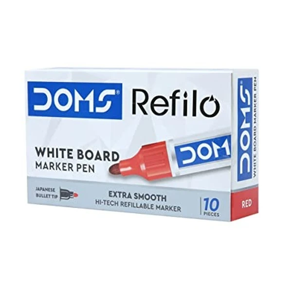 Doms Refilo White Board Marker Pen Red Colour - 10 Pcs Packs, Red