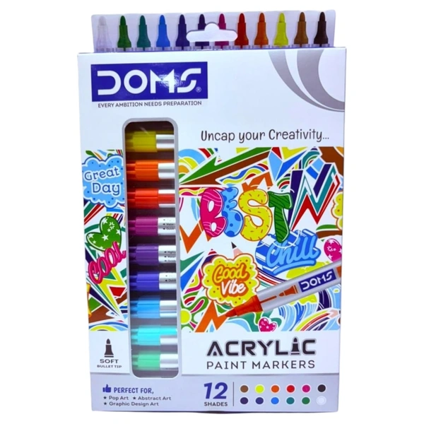 Doms Acrylic Paint Markers 12 Shades Soft Bullet Tip | Pop Art | Abstract Art | Graphic Design Art