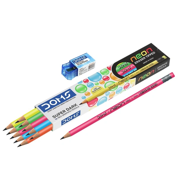 Doms Neon Eraser Tipped Super Dark Pencils Pack of 10 Pieces