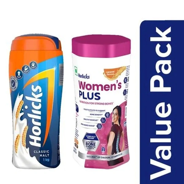 Horlicks Health & Nutrition - Classic Malt 1kg + Womens - Caramel Flavour 400g, Combo 2 Items -