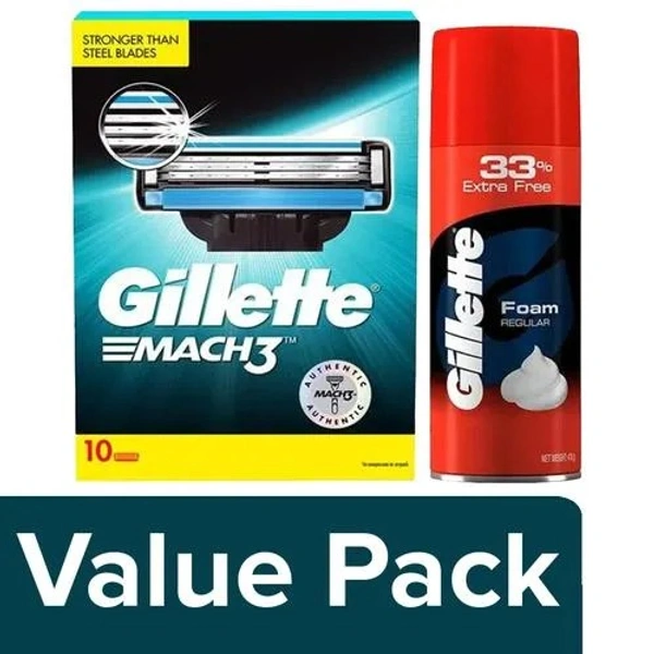 Gillette Pre Shave Foam - Classic Regular Skin 418G+Mach 3 Shaving Blades 10 Pcs, Combo 2 Items