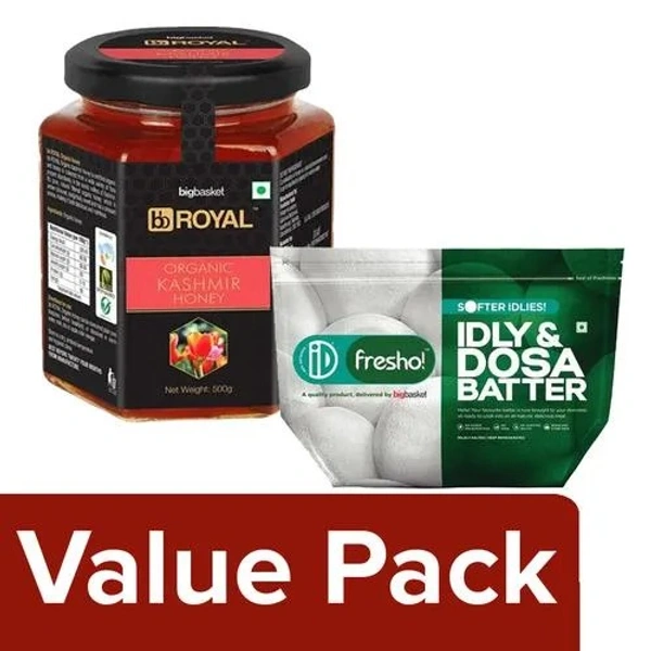 bb Combo BB Royal Organic Kashmir Honey, 500 g + iD Fresho Idly Dosa Batter, 1 Kg, Combo 2 Items - 1 KG