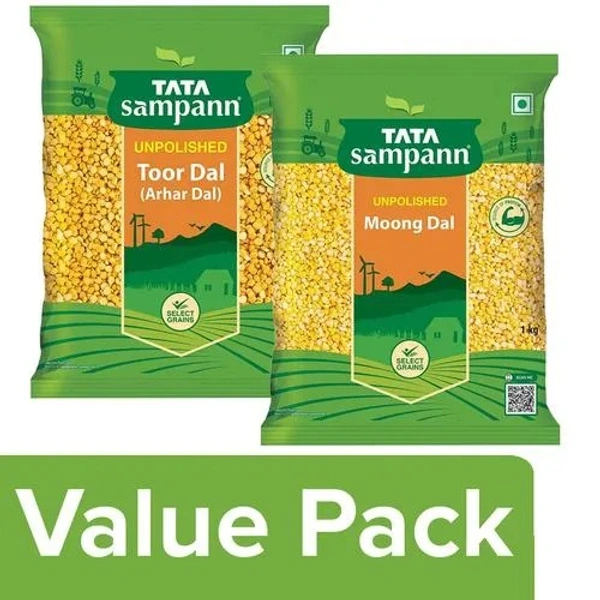 Tata Sampann Toor Dal/Arhar Dal - Rich In Protein + Unpolished Moong Dal - Premium 1 kg, Combo 2 Items - 1 kg