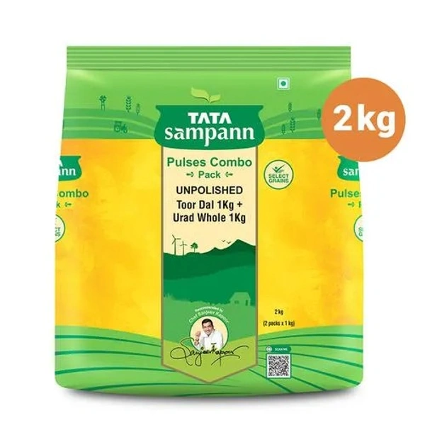 Tata Sampann Pulses Combo Pack - Unpolished Toor Dal/Arhar Dal & Unpolished Urad Dal Whole, 2 pcs (1 kg each) - 2 kg