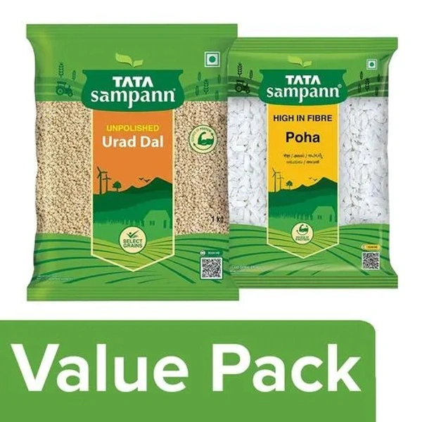 Tata Sampann Unpolished Urad Dal 1kg + White Thick Poha 1kg, Combo 2 Items - 1 kg