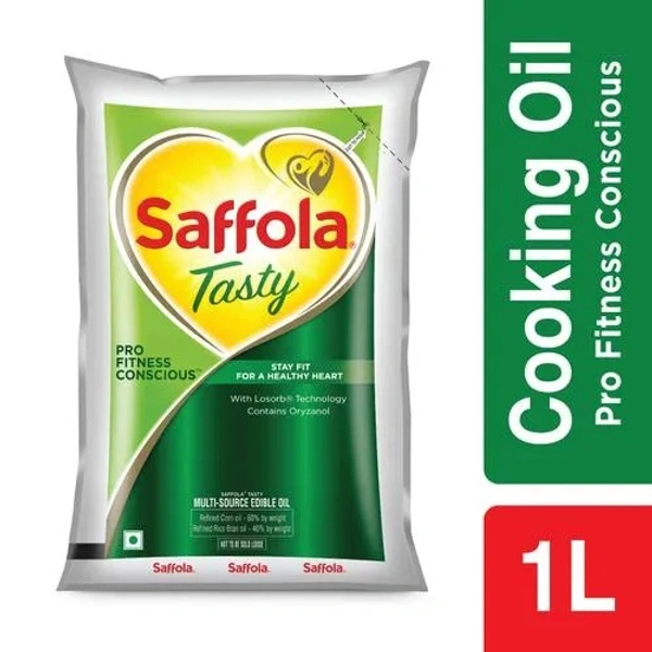 Saffola Tasty Refined Cooking oil | Blended Rice bran & Corn oil | Pro Fitness Conscious, 1 L Pouch - 1 L