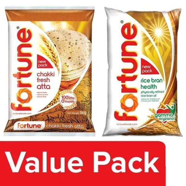 Fortune Fortune Chakki Fresh Atta - 100% Atta, 0% Maida 5 kg + Rice Bran Oil 2x1 L Pouch, Combo 3 Items - 2 x 1 L